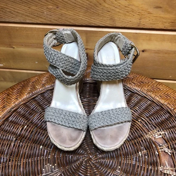 Stuart Weitzman Khaki Crochet Alex Ankle Halter Wrap Espadrille Wedge Sandal 8.5 - Picture 13 of 16